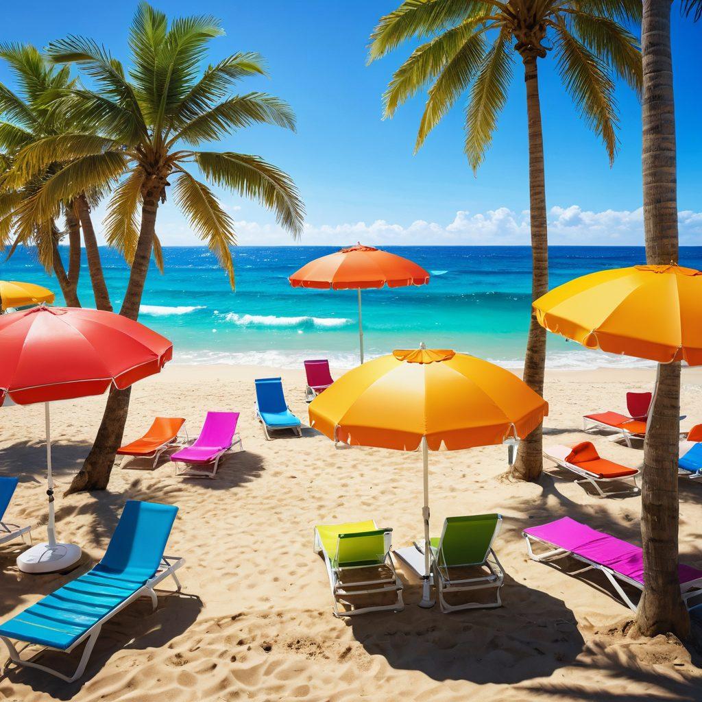 A vibrant beach scene featuring an array of fashionable swimwear displayed on mannequins under a bright sun. Include lively beachgoers enjoying the sun, playing volleyball, and lounging with colorful umbrellas in the background. The ocean waves gently lap at the shore, with tropical palm trees swaying in the breeze. The overall atmosphere should be energetic and cheerful, showcasing the essence of summer adventures. super-realistic. vibrant colors. 3D.