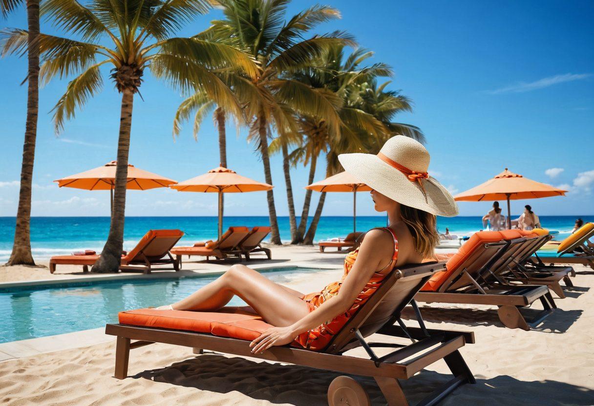 A stylish beach scene featuring a chic poolside lounge with colorful beachwear displayed on sun loungers. In the background, ocean waves gently crash against a sandy shore under a bright blue sky, and a few palm trees sway in the warm breeze. A fashionable person elegantly transitions from the poolside to the ocean with a flowing cover-up and sunhat. The atmosphere is vibrant and summery, evoking a sense of relaxation and adventure. super-realistic. vibrant colors. high contrast.